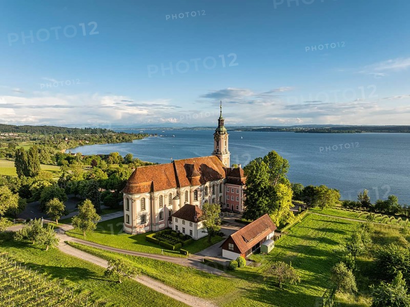 Aerial view of the pilgrimage church Birnau on Lake Constance, Uhldingen-Muehlhofen, Lake Constance district, Baden-Wuerttemberg, Germany, Europe