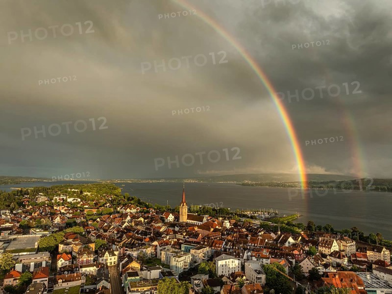 Aerial view of the town of Radolfzell on Lake Constance in front of sunset, with a double rainbow after a heavy rainstorm, thunderstorm, thunderstorm, district of Constance, Baden-Wuerttemberg, Germany, Europe
