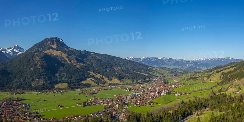Panorama of the Ostrachtal valley with Bad Oberdorf, Bad Hindelang, and Imberger Horn, 1656m, Oberallgaeu, Allgaeu, Swabia, Bavaria, Germany, Europe