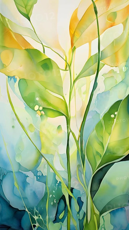Abstract digital painting embodying sustainability with intertwining leaves glisten with water droplets, AI generated