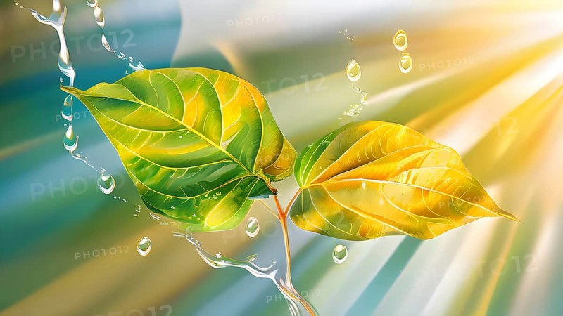Abstract digital painting embodying sustainability with intertwining leaves glisten with water droplets, AI generated