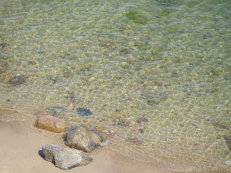 Clear water on the coastal shore with various stones on the sandy beach, spring on the Baltic Sea beach in Poland with green trees, sopot, poland