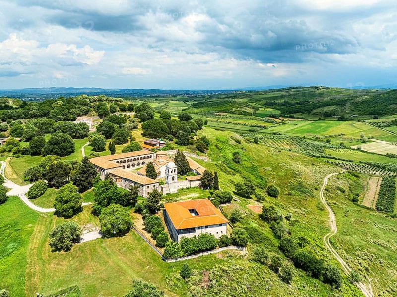 Apollonia Archaeological Park from a drone, Pojan, Albania, Europe
