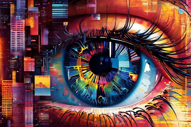 Illustration mosaic collage of an abstract detailed eye morphing into urban cityscape, AI generated