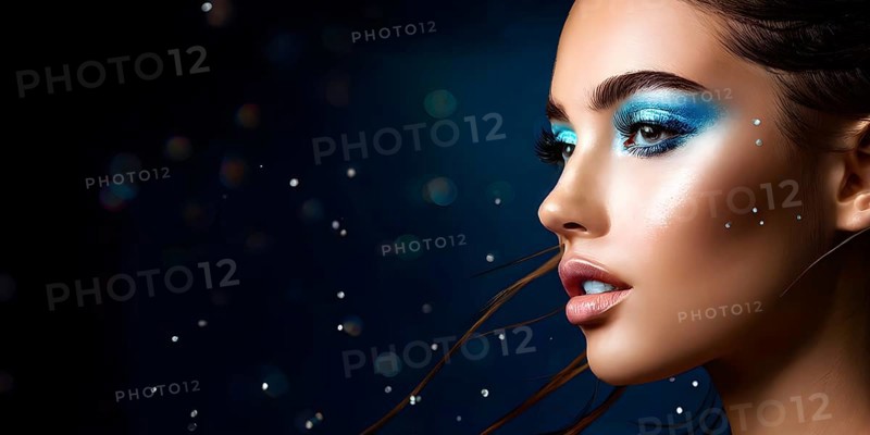 Side view portrait of a woman with red lips and cyan eye shadow, AI generated