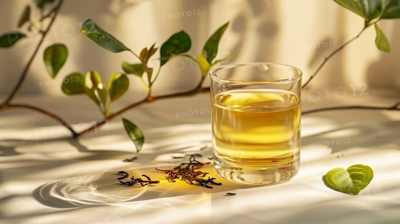 A glass of green tea with scattered tea leaves and green leaves in a sunlight filled environment, AI generated