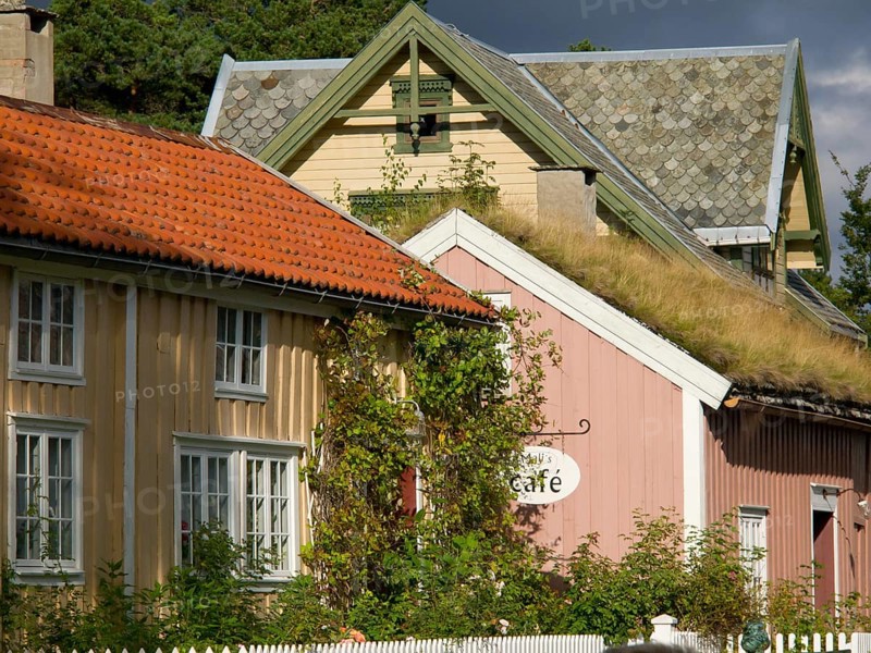 Different coloured houses with a cafe sign and green vegetation, colourful wooden houses behind white wooden fences, Molde, Norway, Europe