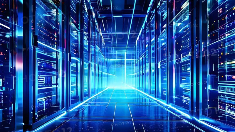 Server racks aligned in rows within a cloud computing data center background and data streams flowing, AI generated