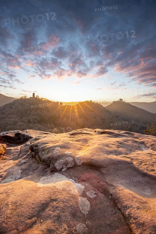 View of Trifels Castle, from Engels Landing rock, with the young tower in autumn at sunset. Beautiful landscape in the Palatinate Forest, Rhineland-Palatinate, Germany, Europe