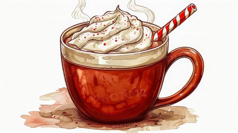 A red cup filled with a hot drink topped with whipped cream and a candy cane straw, steaming in a cozy watercolor style, AI generated