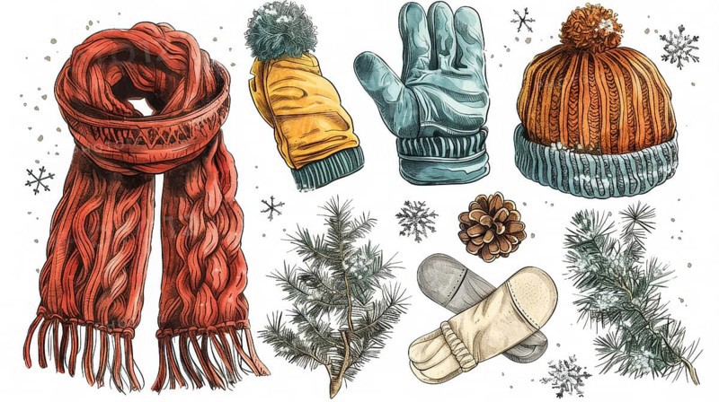 Winter accessories including scarves, gloves, beanies, with pine branches and pinecones, creating a cozy atmosphere, AI generated