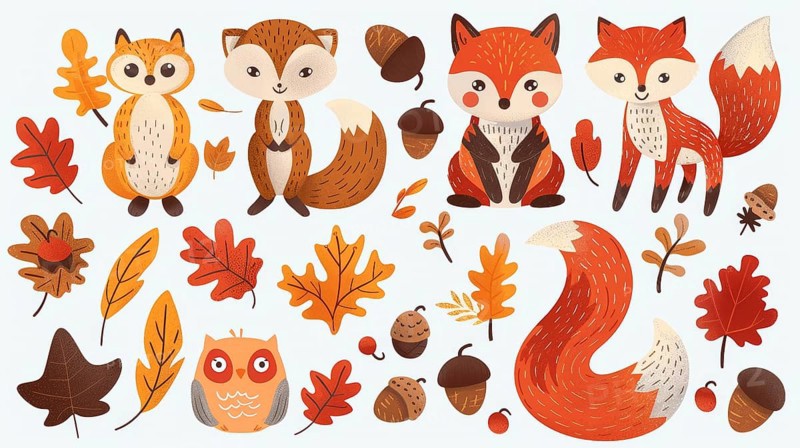 Whimsical illustration of cute foxes surrounded by acorns and autumn leaves in vibrant fall colors, AI generated