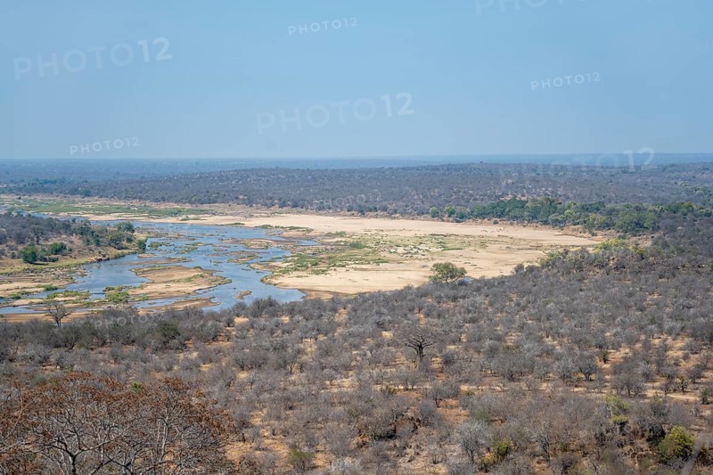 View over dry African savannah, Olifants River, Kruger National Park, South Africa, Africa