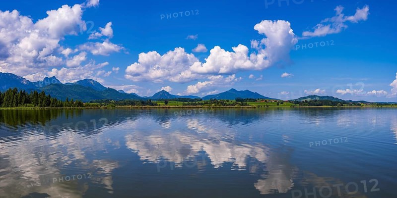 Lake Hopfensee, near Fuessen, Ostallgaeu, Allgaeu, with the Allgaeu Alps behind it, Bavaria, Germany, Europe