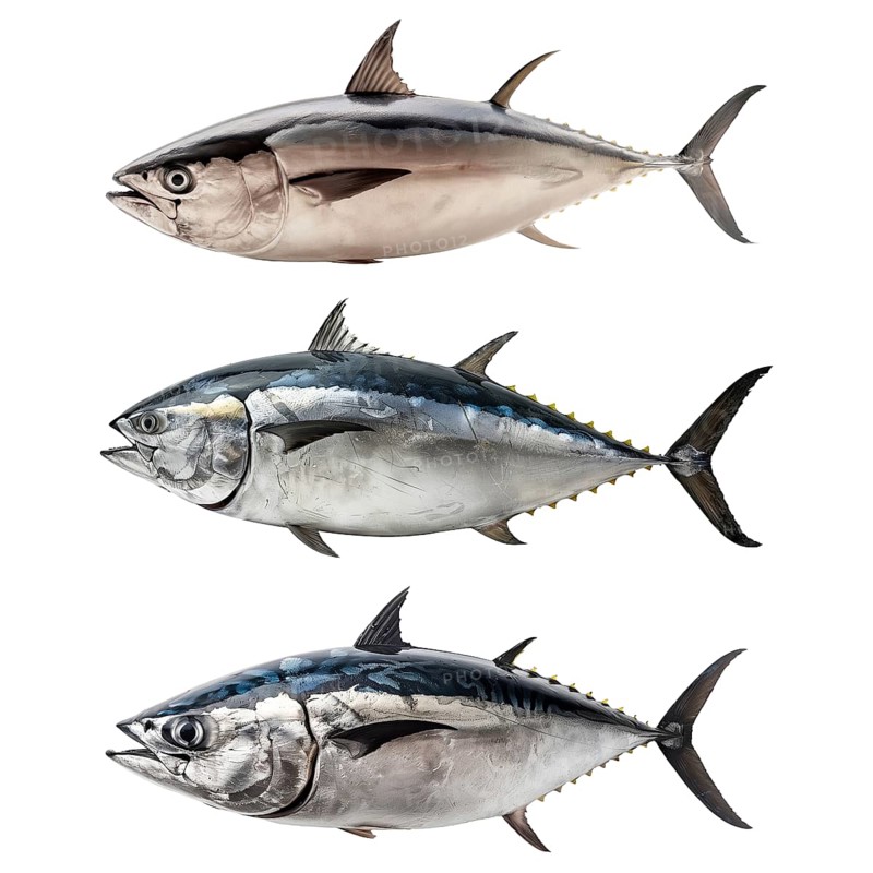 Three isolated images of Tuna fish with transparent background. AI generated