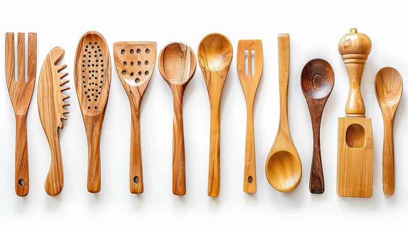 A collection of eleven different wooden kitchen utensils and tools, neatly arranged in a row on a white background, AI generated