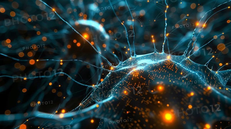 Abstract sci-fi image of glowing blue and orange neurons and synapses forming a luminous network, AI generated