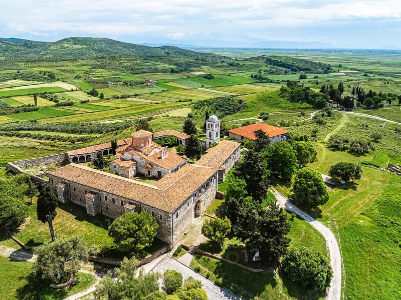 Apollonia Archaeological Park from a drone, Pojan, Albania, Europe