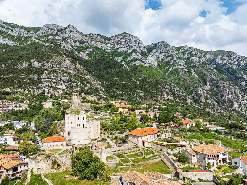 Kruje and Mount Kruje from a drone, Ishem River, Albania, Europe