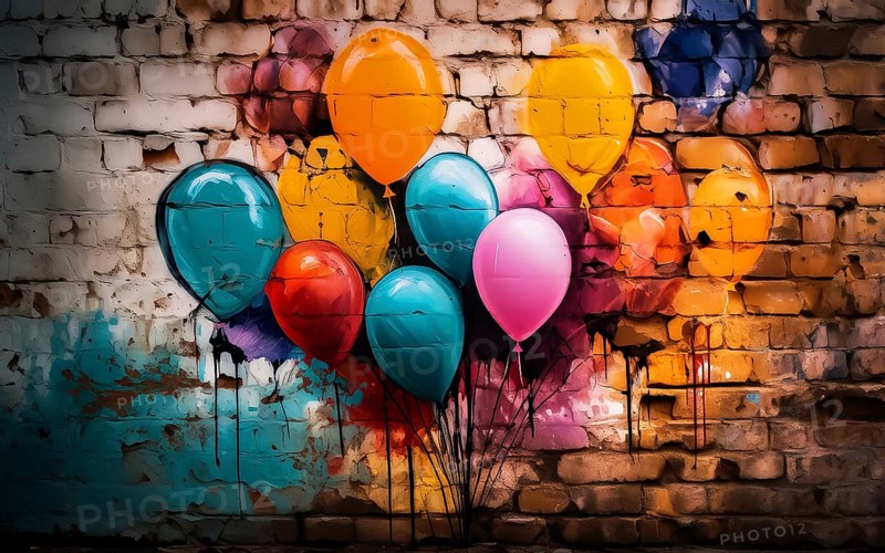 Graffiti art, colourful balloons sprayed on a brick wall, AI generated, AIgenerated, AI generated