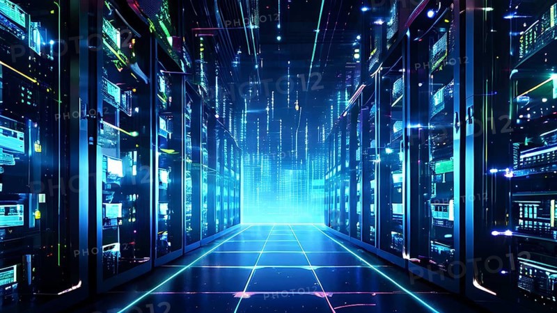 Server racks aligned in rows within a cloud computing data center background and data streams flowing, AI generated