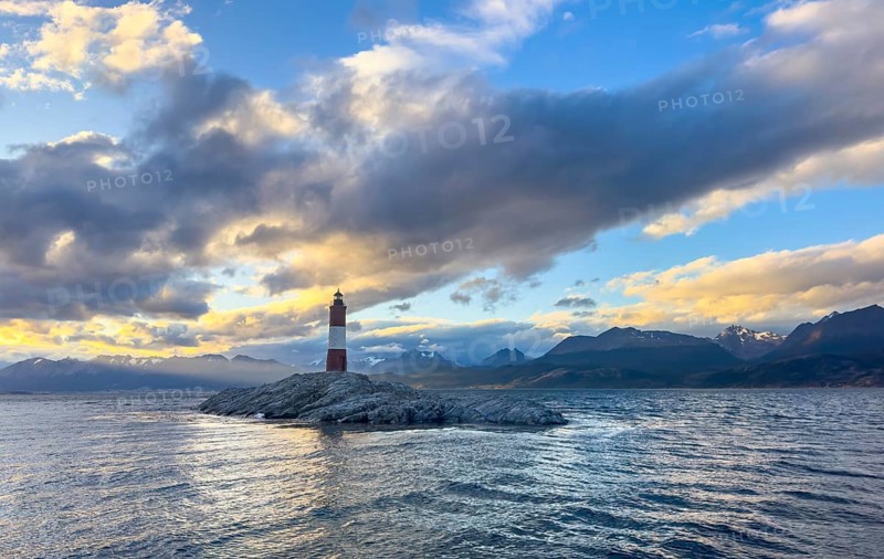 Lighthouse Faro Les Eclaireurs at sunset, dramatic clouds, Beagle Channel, Tierra del Fuego, Tierra del Fuego, Argentina, South America
