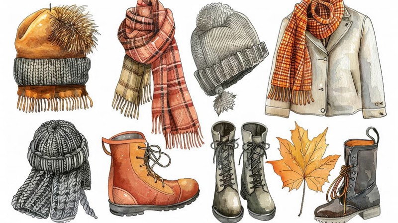 Winter clothing illustrated with hats, scarves, and boots alongside autumn leaves in earthy and warm tones, AI generated