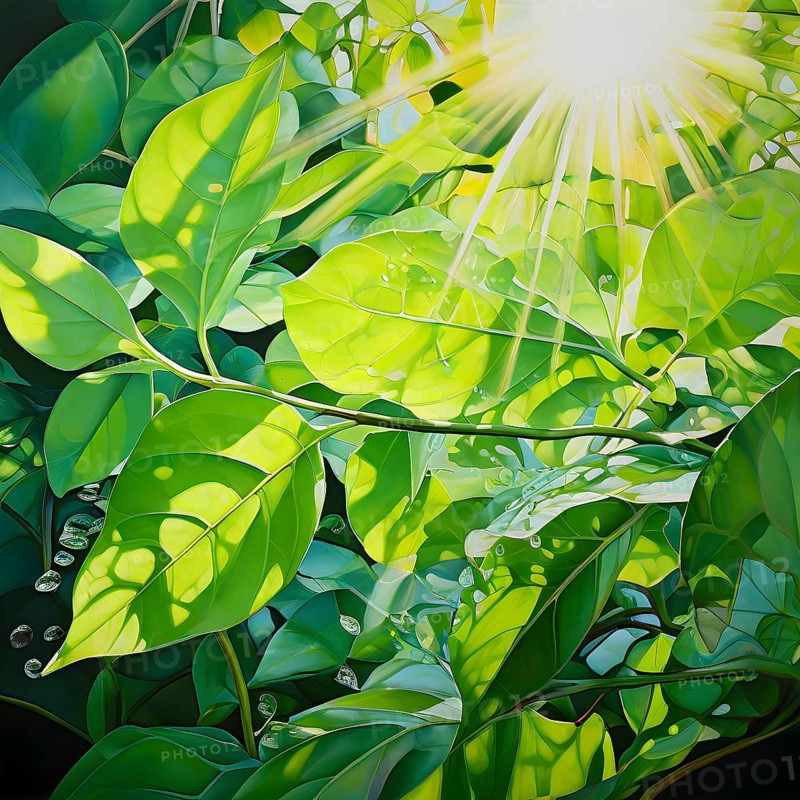 Abstract digital painting embodying sustainability with intertwining leaves glisten with water droplets, AI generated