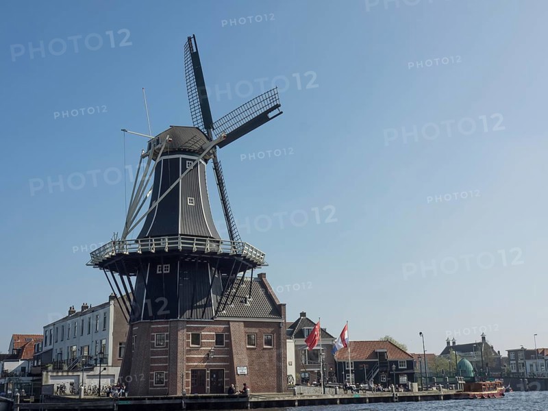 A large windmill against a blue sky, surrounded by buildings and a clear atmosphere, Haarlem, Netherlands
