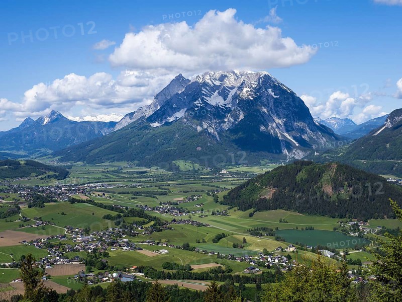 Grimming, Kammspitze, high Dachstein, Putterer See, view from the Stalingrad Chapel into the Enns Valley, Styria, Austria, Europe