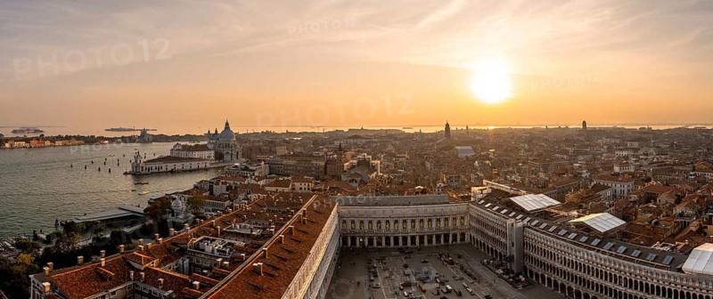 Panorama, St Mark's Square and Basilica di Santa Maria della Salute on the Grand Canal at sunset, view from the Campanile di San Marco bell tower, city view of Venice, Veneto, Italy, Europe