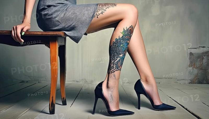 Woman sitting on a table, showing tattoos on her legs and wearing a grey dress and black high-heeled shoes, AI generated, AI generated