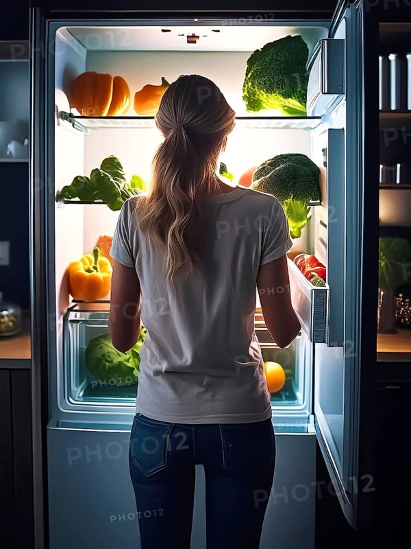 A young woman stands in front of the open fridge with lots of vegetables in it, healthy eating, AI generated, AI generated