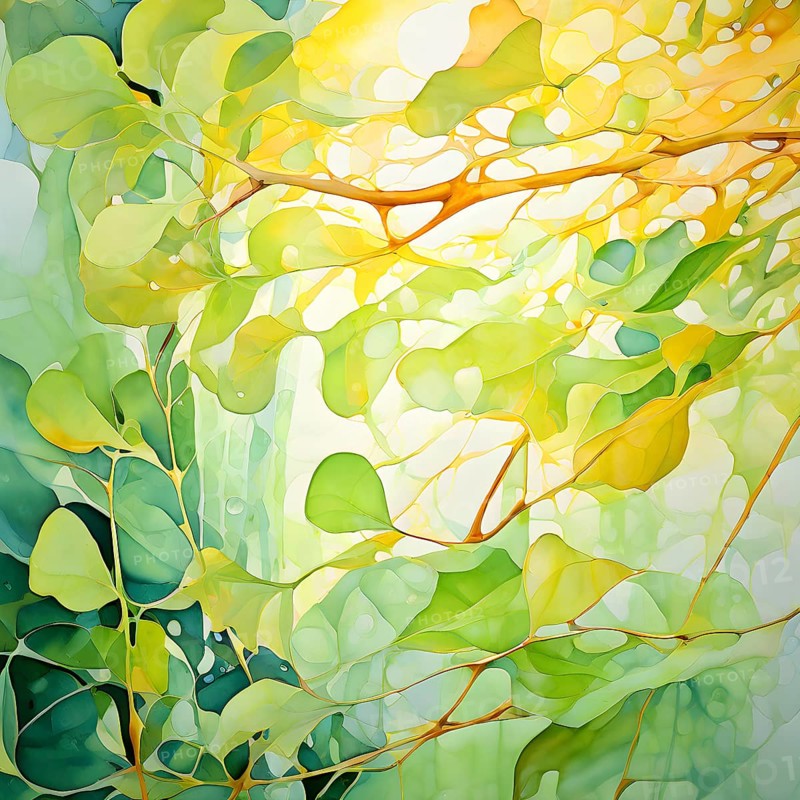 Abstract digital painting embodying sustainability with intertwining leaves glisten with water droplets, AI generated