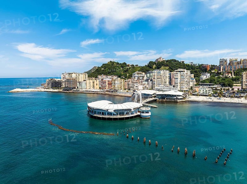 Pier and Promenade in Durres from a drone, Adriatic Sea, Albania, Europe