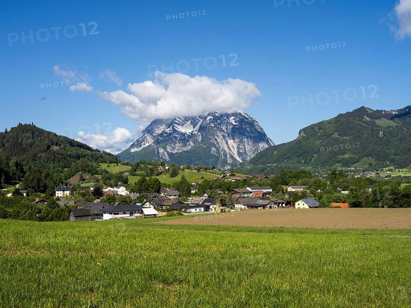 Meadow and farmland, behind the Grimming, near Aigen im Ennstal, Styria, Austria, Europe