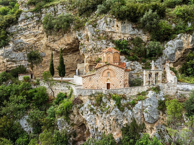 St . Michael's Church, Byzantine church in Berat from a drone, Osum River, Albania, Europe