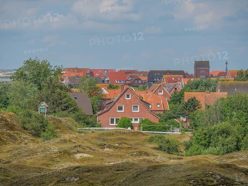 A village with red roofs, nestled between green hills and trees, Baltrum Germany