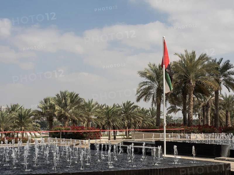 A fountain surrounded by palm trees under a slightly cloudy sky with a waving flag in the foreground, dubai, arab emirates