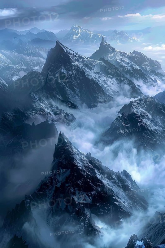 Snow-dusted mountains with jagged peaks climbing through mist and clouds, conveying a cold, dramatic scene, AI generated