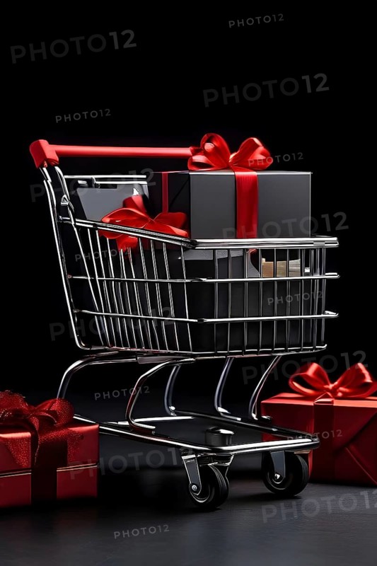 Black friday shopping cart brimming with black gift boxes tied with red ribbons against a dark grey background, AI generated