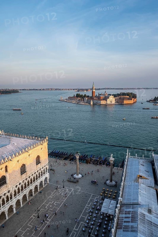 Evening atmosphere, Doge's Palace and St Mark's Square, Isola di San Giorgio Maggiore with San Giorgio Maggiore church, view from the Campanile di San Marco bell tower, city view of Venice, Veneto, Italy, Europe