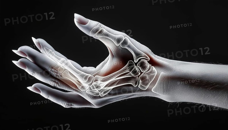 X-ray image of a human hand with visible bone structures against a dark background, AI generated, AI generated