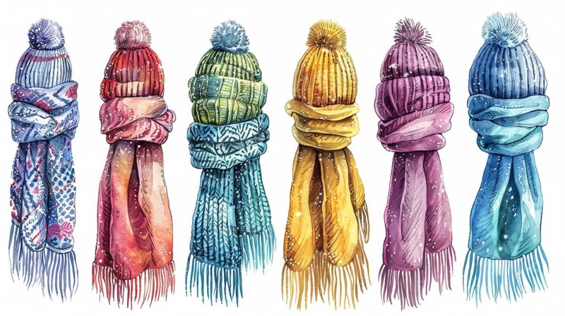 Mix of colorful knit beanies and scarves, perfect for winter warmth, AI generated