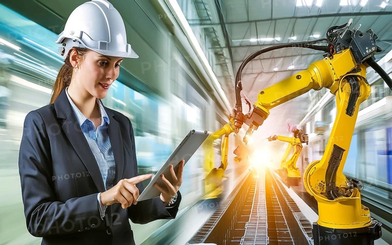 Industrial engineer with tablet control, automation of robotic arms, intelligent monitoring, AI generated, AI generated