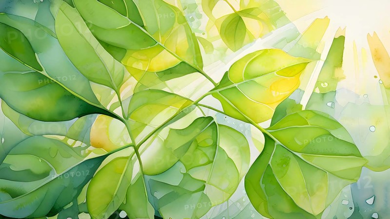 Abstract digital painting embodying sustainability with intertwining leaves glisten with water droplets, AI generated
