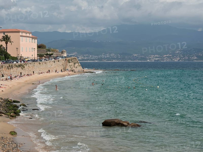 Beach along the clear blue sea with buildings, palm trees and mountains in the background under a cloudy sky, Corsica, Ajaccio, France, Europe