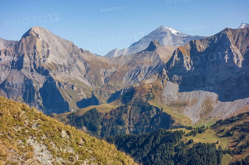 High, majestic mountains with rocky cliffs and wooded slopes, mountain panorama with rugged mountains and green valleys, saas fee, Switzerland, Europe