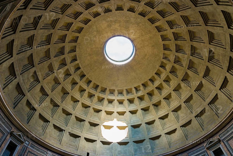 Old Beautiful Ceiling with the Hole and Sunlight on the Ancient Building Pantheon in Rome, Lazio, Italy, Europe