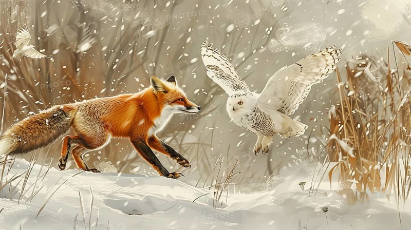 A red fox and a snowy owl in motion during snowfall, capturing a dynamic interaction in a winter setting, AI generated